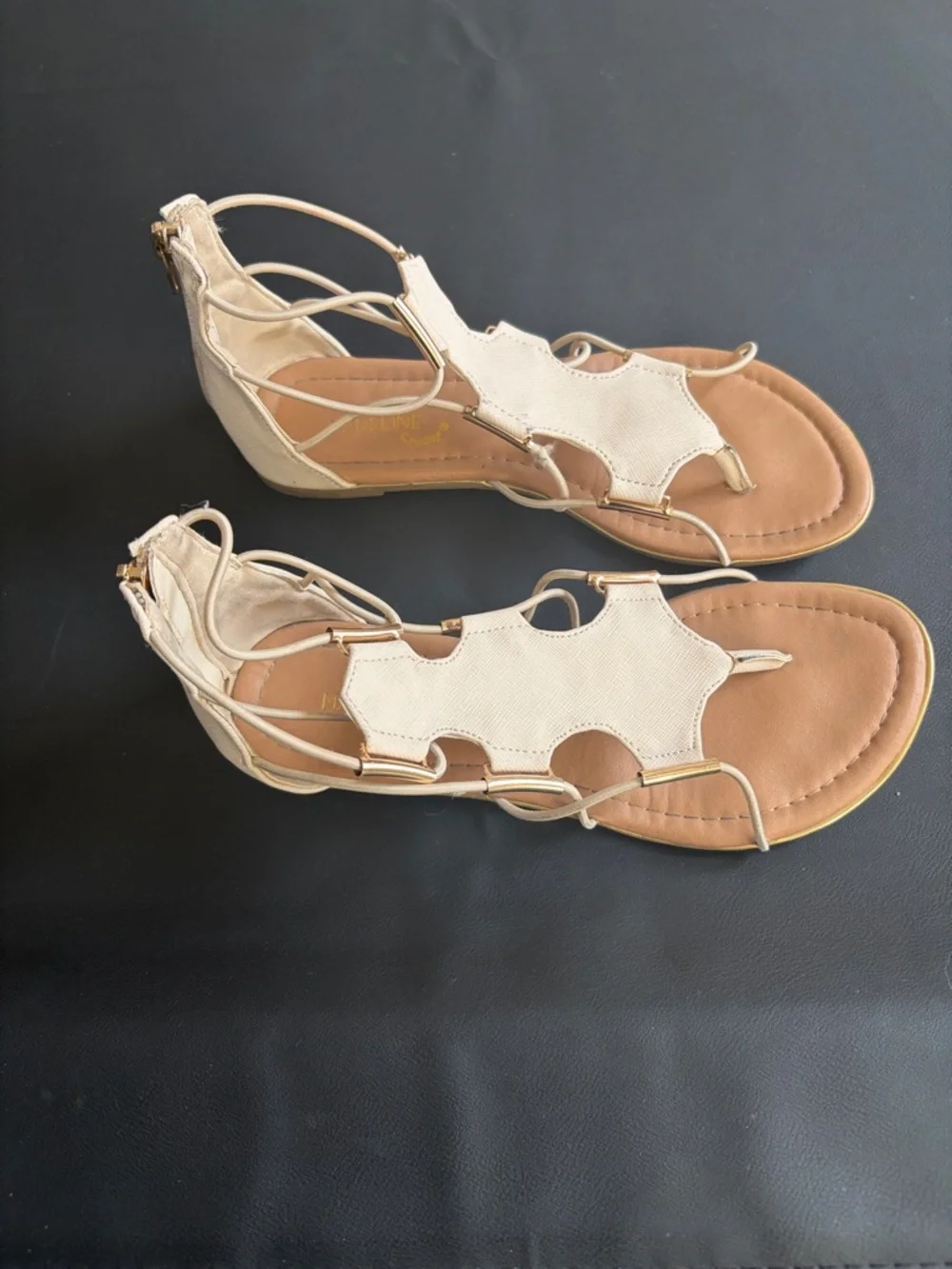 Madeline Stuart Beige Lace-Up Gladiator Sandals 5.5 Boho T-Strap Back Zip